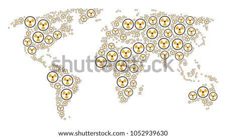 Global geography map composition designed of radioactive pictograms. Raster radioactive design elements are composed into mosaic continental atlas.