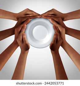 Global Hunger Crisis as a diverse group for world famine and international food distribution as hands holding an empty dinner plate as a hungry population starving with 3D illustration elements. - Powered by Shutterstock