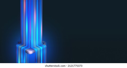 Global information flows, big data analytics. Stream of digital beams flowing around the central processor. 3D illustration of a CPU in neon rays