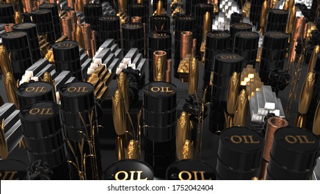 Global International Commodity Trade In Oil, Gold, Silver, Copper, Corn And Wheat On The Commodities Market - 3D Render Illustration