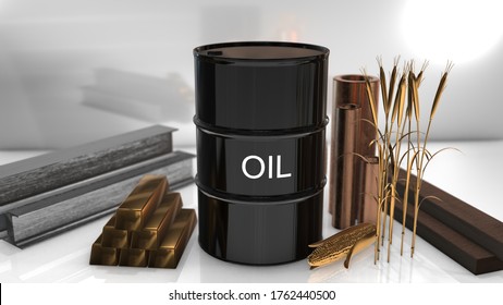 Global International Commodity Trade In Oil, Gold, Silver, Copper, Corn And Wheat On The Commodities Market - 3D Illustration Render