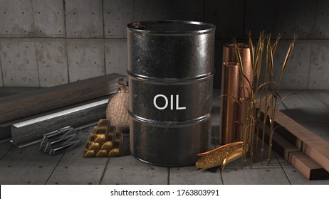 Global International Commodity Trade In Oil, Gold, Silver, Copper, Corn And Wheat On The Commodities Market - 3D Illustration Render