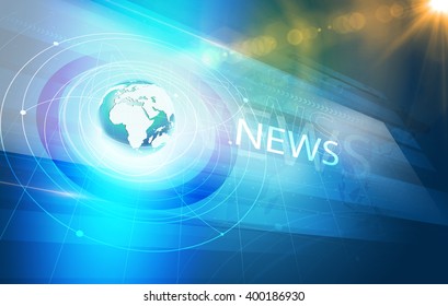  Global International Connections News Background, World Map With Concentric Waves Circles Around The Earth Globe, Futuristic News Background With Lens Effect.