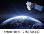 Global Internet and High Speed Data Communication Enabled by Telecommunication Satellites in Low Earth Orbit Above Europe 3d illustration of a Solar Battery Against a Glown Earth