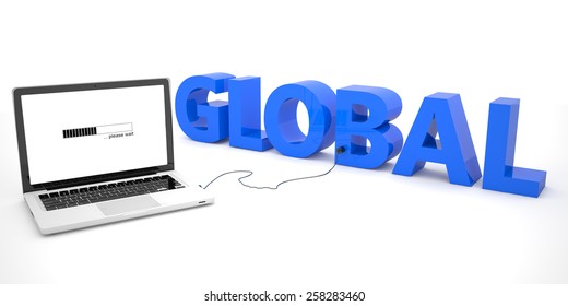 Global - laptop computer connected to a word on white background. 3d render illustration.