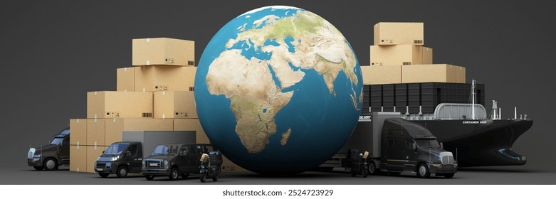 A global logistics concept featuring cargo ships, trucks, vans, and motorcycles surrounding a large globe, international shipping, delivery, and transportation services for worldwide. 3d rendering