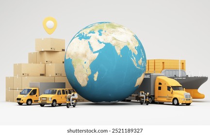 A global logistics and delivery concept with cargo ships trucks vans scooters and packages surrounding a globe symbolizing worldwide transportation and supply chain solutions 3d rendering - Powered by Shutterstock