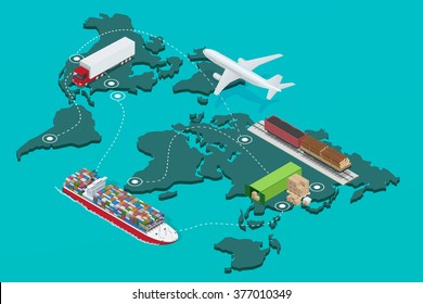 Global Logistics Network Flat 3d Isometric Illustration Set Of Air Cargo Trucking Rail Transportation Maritime Shipping On-time Delivery Vehicles Designed To Carry Large Numbers Of China Cargo