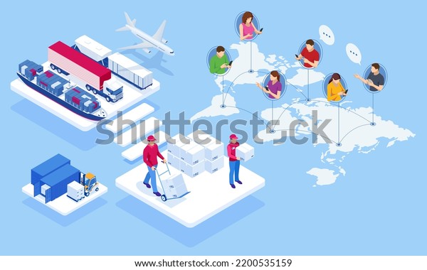 Global logistics network\
isometric illustration. Air cargo trucking rail transportation\
maritime shipping On-time delivery Vehicles designed to carry large\
numbers of cargo