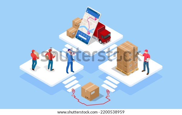 Global logistics network isometric illustration.\
Isometric Logistics and Delivery concept. Delivery home and office.\
City logistics. Warehouse, truck, forklift, courier. On-time\
delivery