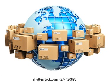 Global logistics, shipping and worldwide delivery business concept: blue Earth planet globe surrounded by heap of stacked corrugated cardboard boxes with parcel goods isolated on white background