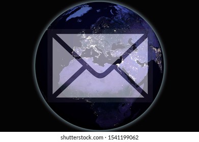 Global mail, postal services on a world map. Globe with night illumination from NASA.