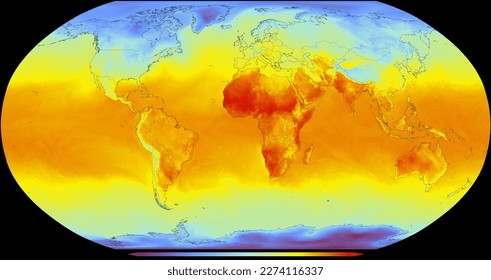 Global map represents the surface temperature of the Earth in different regions.The temperature scale ranges from cool blues (lower temperatures) to warm oranges and reds (higher temperatures)