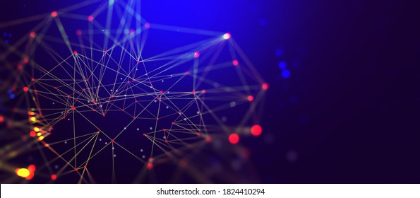 Global Network 3D Illustration. Visualisierung neuronaler Verbindungen in künstlicher Intelligenz. Abstrakte, High-Tech-Projekte, vollfarbiger Hintergrund mit mehrfarbigen Maschenelementen