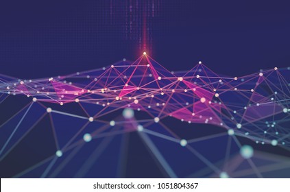 Global network. Blockchain. 3D illustration. Neural networks and artificial intelligence. Abstract technological background with binary code elements