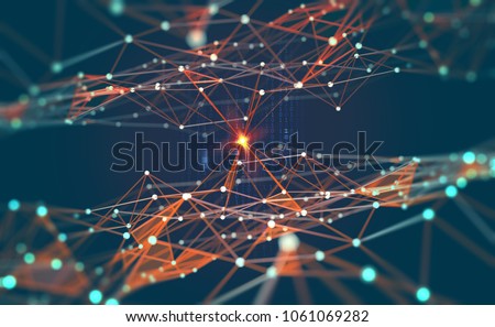 Global network. Blockchain. 3D illustration. Neural networks and artificial intelligence. Abstract technological background with binary code elements