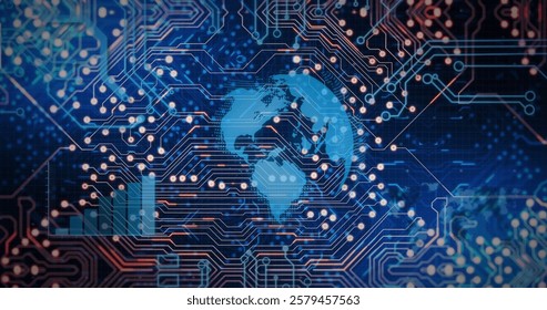 Global network and circuit board image over digital background. Technology, networking, communication, data, internet, cybersecurity