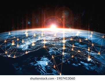 Global Network Connection Covering The Earth With Lines Of Innovative Perception . Concept Of 5G Wireless Digital Connection And Future In The Internet Of Things .