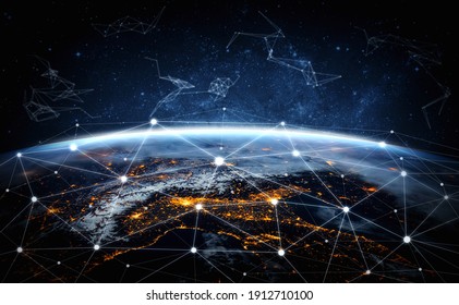 Global network connection covering the earth with lines of innovative perception . Concept of 5G wireless digital connection and future in the internet of things . 3D illustration . - Shutterstock ID 1912710100