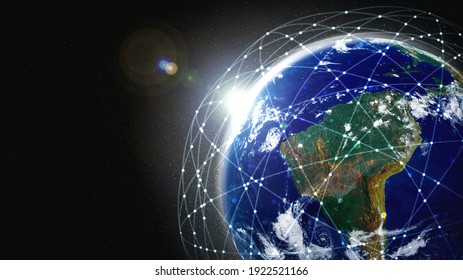 Weltweite Vernetzung der Erde mit Linien innovativer Wahrnehmung . Konzept der 5G drahtlosen digitalen Anschluss und Zukunft im Internet der Dinge . 3D-Illustration.