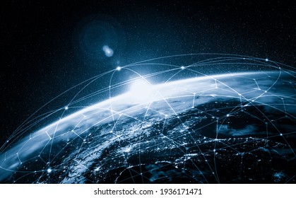 Global network connection covering the earth with lines of innovative perception . Concept of 5G wireless digital connection and future in the internet of things . 3D illustration .
