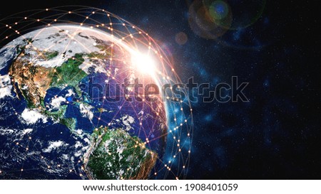 Global network connection covering the earth with lines of innovative perception . Concept of 5G wireless digital connection and future in the internet of things .