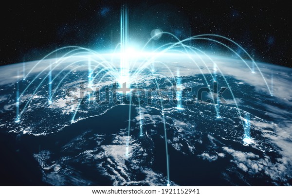Global
network connection covering the earth with lines of innovative
perception . Concept of 5G wireless digital connection and future
in the internet of things . 3D illustration
.