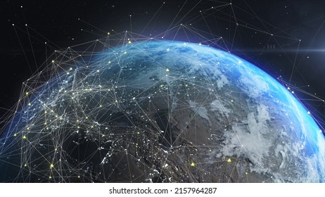 Global Network Connection. Woldwide Digital Network. Futuristic Big Data Communications Lines Over Earth Globe. Concept Of 5G, Digitalization, Globalization.