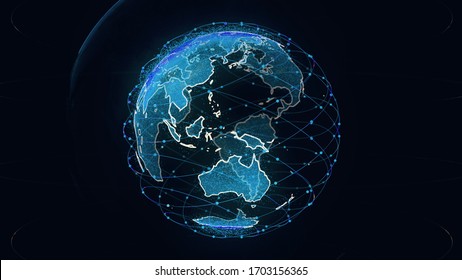 Global Network Network Connection The World Abstract 3D Rendering Satellites Starlink. Satellites Create Oneweb Or Skybridge Surrounding Planet Conveying Complexity Big Data Flood The Modern Digital