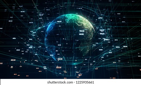 global network illustration, 3D illustration symbolizing global information technology with Earth, random numbers and other elements, symbols of digital word