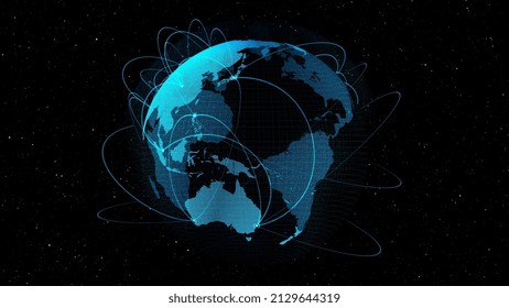 Global network and internet connection in orbital earth globe . Concept of wireless digital connection and internet of things in futuristic 3D rendering graphic .