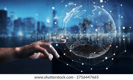 Global network visualization showing continents interacting with a human hand in a digital world
