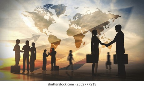 A global networking concept featuring silhouettes of professionals in a business setting, representing collaboration and international connections - Powered by Shutterstock