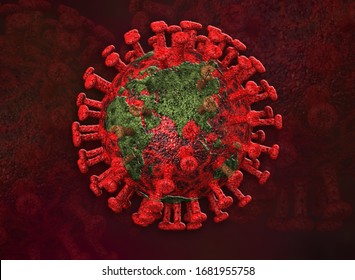 Global Pandemic. 3D Illustration of the Coronavirus molecule with a globe visible within the virus structure. Western hemisphere can be seen within the virus.