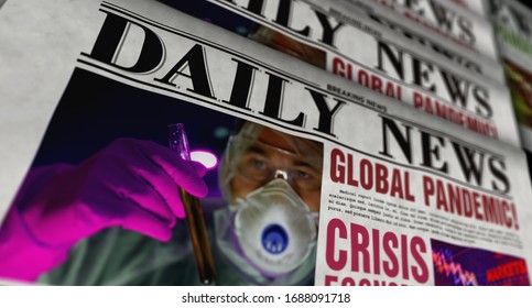 Global Pandemic And Crisis Breaking News – Daily Newspaper Printing. Danger Warning In Vintage Paper Media Press Production Abstract Concept. Retro Style 3d Rendering Illustration.