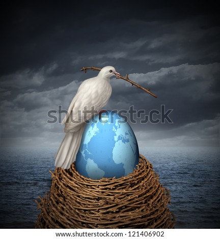 Global Peace and hope for no war in the middle east and the rest of the planet with a white dove building a nest with twigs and a fragile egg with the map of the world on a cloudy sky and ocean. Stock photo © 