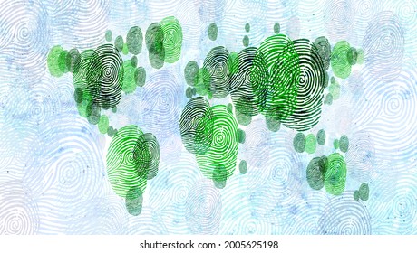 Global People Concept As A World Or Planet Made Of Green Fingerprints In A Blue Ocean Representing Diversity Or Earth Ecology In A 3D Illustration Style.