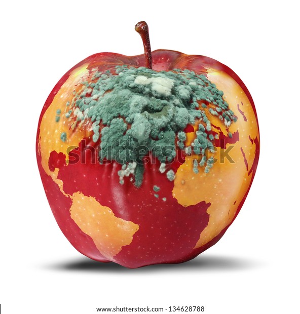 地球の健康に関する地球規模の問題や環境問題は 政治的 保全的危機のコンセプトとして 菌類と共に腐敗する世界の地図としての赤いリンゴ の腐敗に関する問題です のイラスト素材
