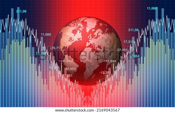Global recession economy and declining World\
business crisis or international decline and economic fall or\
falling with a downward trend as a financial concept in a 3D\
illustration\
style.