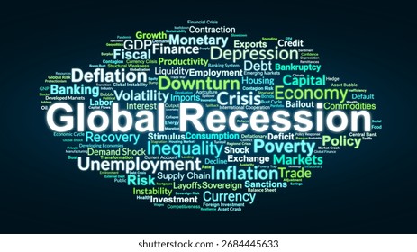 Global Recession Word Cloud. Composition Of Terms Related To Economic Downturn, Unemployment, Debt, Trade, Inflation, Policy, And Financial Risks In The Global Economy.