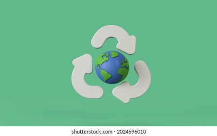 Global recycling. Earth model with a recycle symbol. 3d rendering
