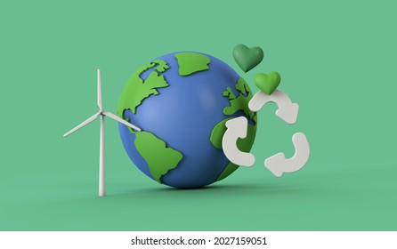 Global Recycling. Earth Model With A Recycle Symbol. 3d Rendering