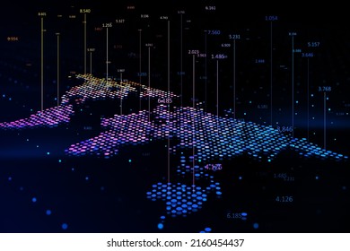 Global Stats And Big Data Concept With Digital Graphic Colourful Dotted World Map And Indicators On Abstract Dark Background, Greed For Landing Page. 3D Rendering