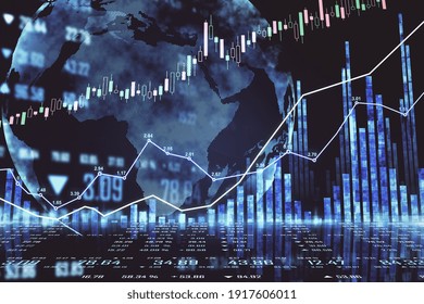 Global stock market concept with circle world map and financial chart and diagram at dark background. 3D rendering