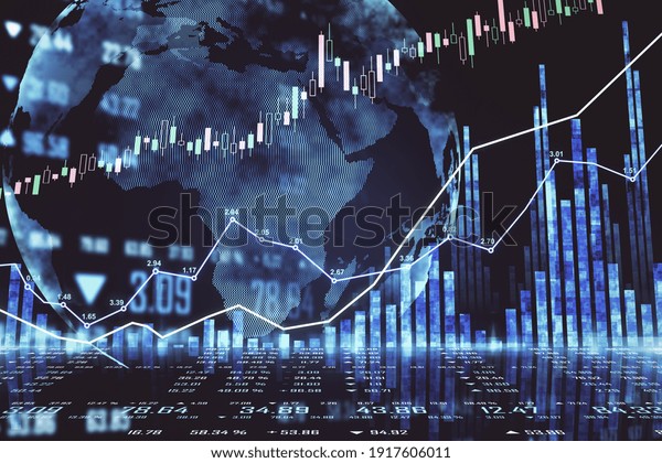 Global stock\
market concept with circle world map and financial chart and\
diagram at dark background. 3D\
rendering