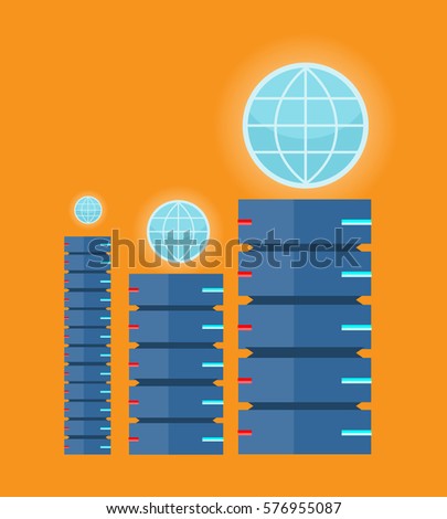 Global storage web banner in flat style. Cloud information saving. Servers, globe, satellite, computer networks icons. Illustration for video presentation or corporate ad animation clip