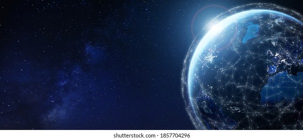 Global Telecommunication Network Around The World With Connections Between Data Centers Or Satellites. Planet Earth From Space, Concept For Connected Internet, IoT, Blockchain, 3D Rendering