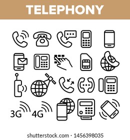 Global Telephony System Linear Icons Set. Telephony, Mobile Technology Thin Line Contour Symbols Pack. Worldwide Connection Pictograms Collection. Communication Equipment Outline Illustrations