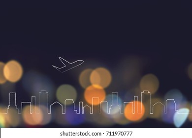 Global Travel Industry Concept: Airplane Taking Off Over City Skyline And Nighttime Lights Bokeh Background