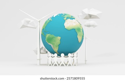 Global unity for a sustainable future, featuring Earth, wind turbines, and human figures holding hands to emphasize renewable energy and environmental care. 3d rendering. - Powered by Shutterstock - Get 15% off with code: PIKWIZARD15